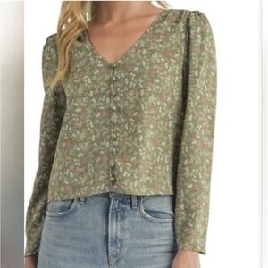 Lush Women's Sage Green Mauve Floral Crop V Neck Blouse XS Long Sleeve NWT